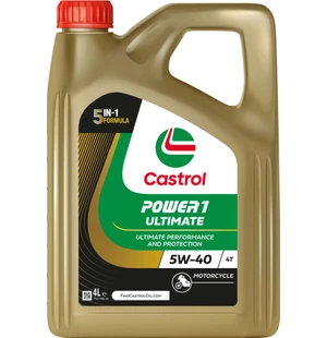 <div>Castrol POWER1 ULTIMATE är en 4-takts motorolja med fullsyntetisk teknik. 5-i-1-formulan ger enastående prestanda och skydd. Lämplig för alla märken av 4-takts motorcyklar, både med förgasare eller bränsleinsprutning där JASO MA eller MA2 rekommender kuva