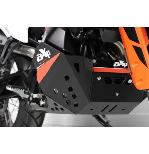 "The 790 KTM / 890 KTM adventure AXP skid plate is made of HDPE (high density polytehtylen) plastic 8mm thick. The use of the material allow to offer a maximum of protection by saving weight (3.7 Kg). It doesn’t undergo deformations and doesn’t save impac image